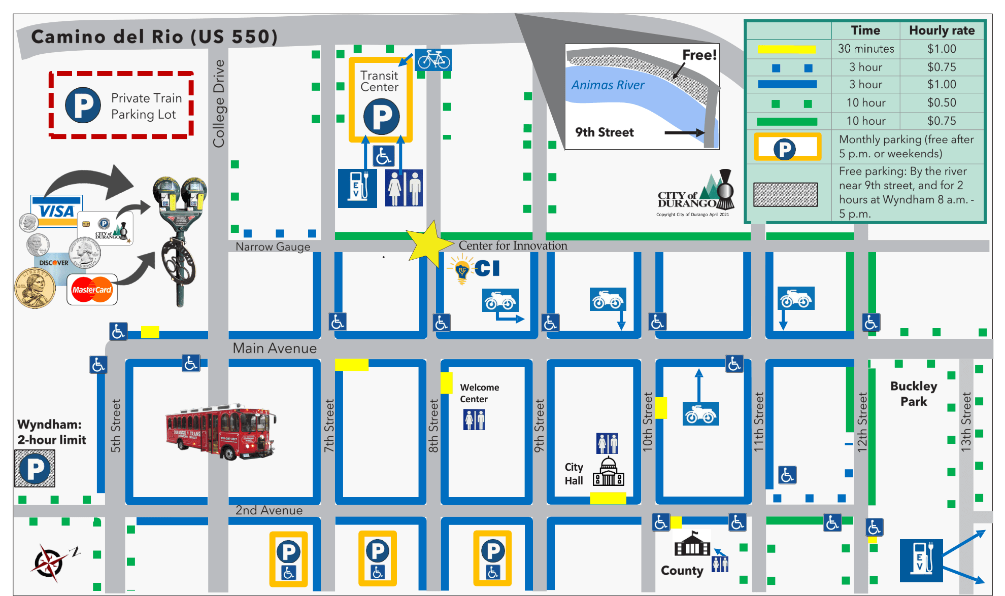 Map of downtown Durango showing the Transit Center parking lot next to the Center for Innovation, with hourly rates and free-parking areas marked.